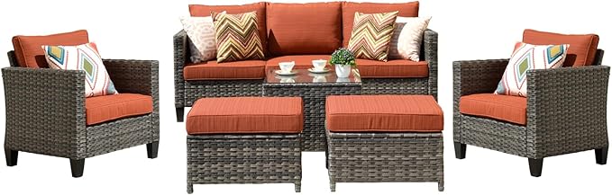 HOOOWOOO 6-Piece Patio Furniture Set–Stylish,Comfortable Outdoor Rattan Sofa Set with 2 Chairs,2 Ottoamns and Coffee Table,Weather-Resistant Patio Conversation Set for Deck,Garden,Balcony (Orange Red)