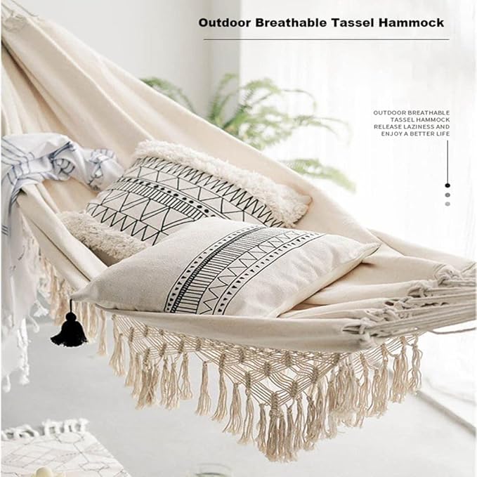Canvas Fabric Hammock Double Portable Camping Hammock Large Cotton Tassel Hammock Bed for 2 Persons Patio Backyard Porch Lawn Garden Indoor Outdoor