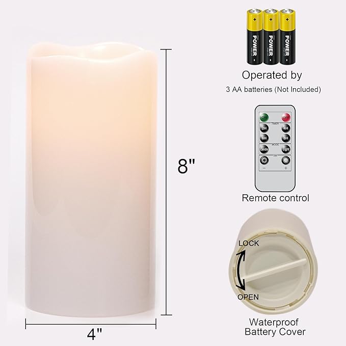 GenSwin Waterproof Outdoor Flameless Candles Battery Operated with Remote Timer, 4" x 8" Large LED Pillar Candles Flickering for Indoor Outdoor Lanterns, Long-Lasting, Waterproof (White, Set of 2)
