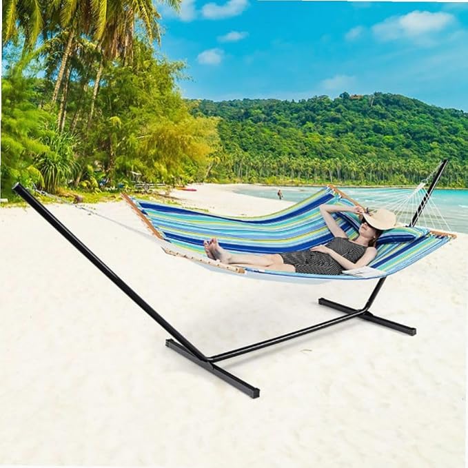 Beech Wood Foldable Patio Hammock with Detachable Pillow & Adjustable Chains, 55.5x75in, 265lb Capacity, Blue & Green Mix Color