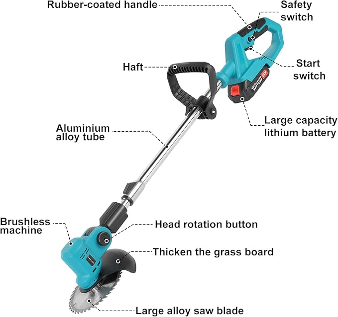 Cordless String Trimmer with Fast Charger, 2 X 2.1Ah Battery Powered Weed Wacker with Auto Line Feed, 21V Weed Eater, Lawn Edger, Cordless Grass Trimmer/Wheel Edger/Mini-Mower/Brush Cutter (Blue A)