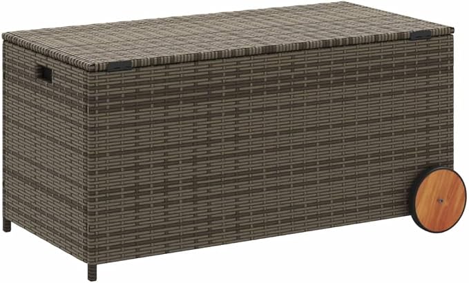 50.2 Gal Wicker Garden Storage Box with 2 Wheels, Patio Rattan Deck Box, Outdoor Wicker Storage Box, Patio PE Rattan Storage Container, Gray Poly Rattan,-913