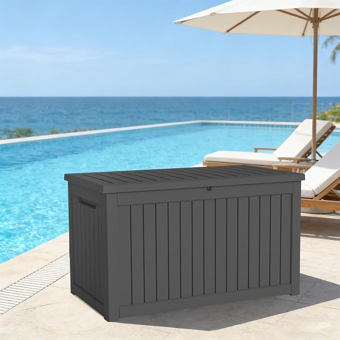 Heavy Duty 230 Gallon Patio Storage Box, Extra Large Resin Deck Box with Hydraulic Lid, Lockable Weatherproof Outdoor Storage for Garden Tools, Cushions, Black