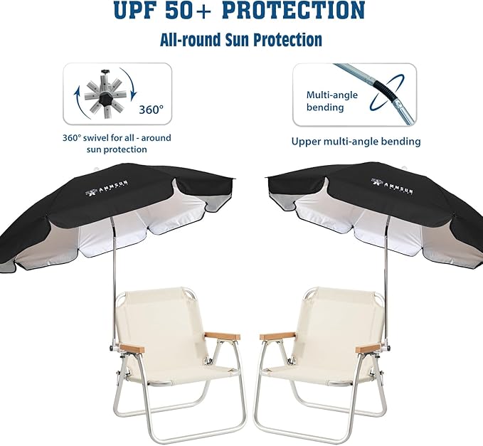 AMMSUN Chair Umbrella with Universal Clamp Adjustable 47 inches and 360° Swivel & UPF 50+ Protection Portable Sun Umbrella, Secure Clip on Camping/Beach Chairs, Stroller, Wheelchair, Golf cart, Lounger, Black, 2 PACK