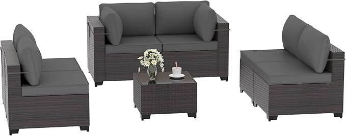 Patio Furniture Set 7PCS Outdoor Furniture for Backyard Sectional Sofa Set, Rattan Wicker Patio Conversation Set with 4 Inch Thickened Cushions and Glass Coffee Table, Grey