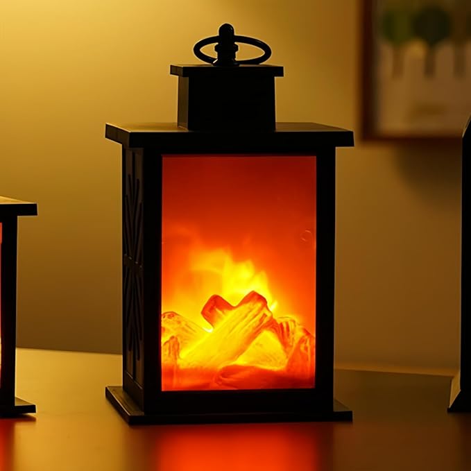 Simulated LED Fireplace Lantern Battery Powered Flameless Light with Simulation Flame Table Decorative Lamp Mini Fireplace Ornament for Cozy Home Decor Free Standing Electric Log Burner