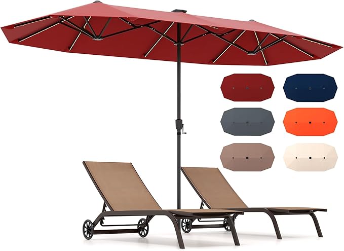 HAPPYGRILL 13 FT Double-sided Patio Umbrella with Solar Lights, Crank Handle & 12 Heavy-Duty Ribs, Outdoor Twin Size Oversized Rectangle Market Umbrella for Garden Deck Poolside