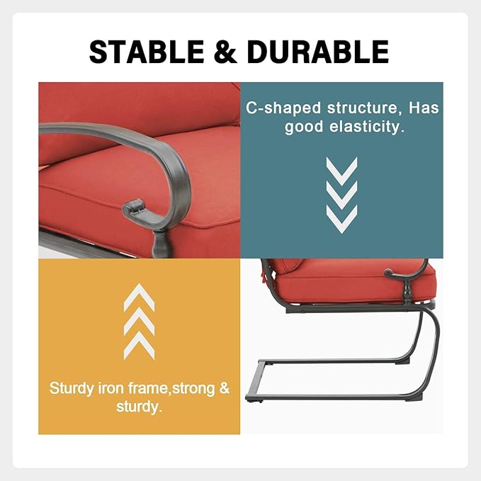 Outdoor 3 Pcs Patio Bistro Set Spring Motion Metal Lounge Chairs and Round Table, Steel Frame Conversation Set with Washable Cushions, Red