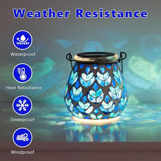 Stargarden 2Pack Mosaic Solar Lanterns, Blue Glass Hanging Lantern Waterproof Outdoor Hanging Solar Lights Table Lamp for Garden ,Patio,Yard Decor