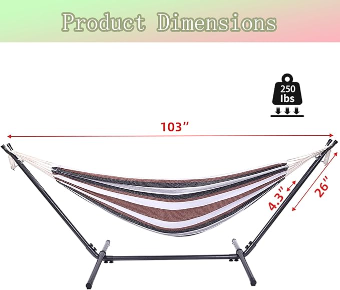 Portable Hammock with Stand, Heavy Duty Hammock with Carrying Bag, Polyester Outdoor Leisure Hammocks for Outside Backyard, Camping, Garden, Yard, Patio, Hamaca con Soporte (Brown Stripes)