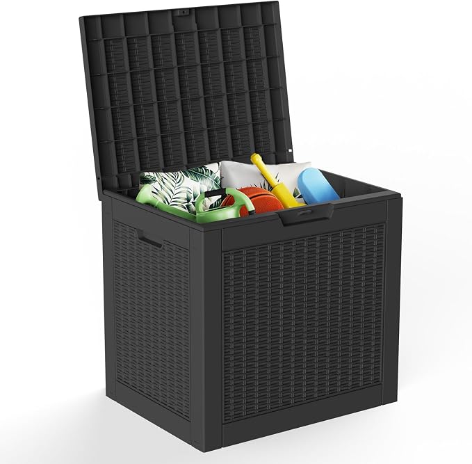 Pepe Tee 30 Gallon Deck Box, Waterproof Resin Outdoor Storage Box with Lid, All-Weather Garden Tool Organizer, Charcoal