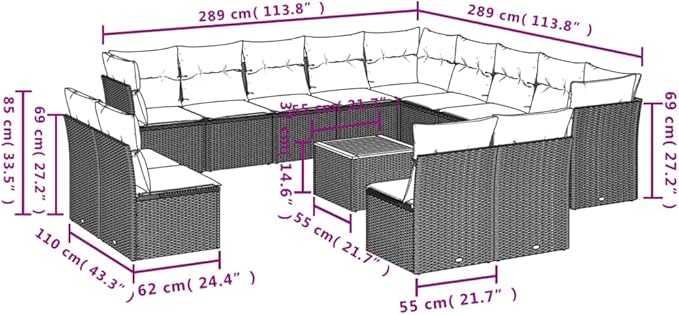 vidaXL Patio Sofa Set with Cushions 14 Piece, Outdoor Conversation Set, Patio Furniture Set for Balcony Garden, Modern Style, Gray Poly Rattan