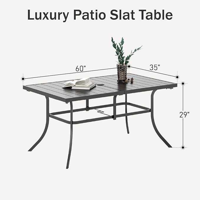 PHI VILLA 6-Person Outdoor Metal Steel Slat Dining Rectangle Table with Adjustable Umbrella Hole, Weather-Resistant for Patio Outdoor Use, Black