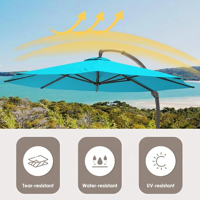 ENSTVER 11FT Cantilever Patio Umbrella With Base Included, Round Large Aluminum Outdoor Cantilever, Heavy Duty Offset Umbrella with 360°Rotation for Pool, Deck, Backyard, Garden(Lake Blue)