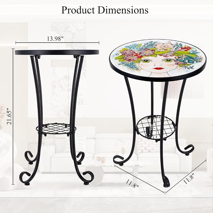 Mosaic Outdoor Side Table Small Round Patio Table Plant Stand | 21" Accent End Table with 14" Ceramic Tile Top for Small Spaces Porch Pool Garden Decor Indoor Living Room Bedroom Balcony