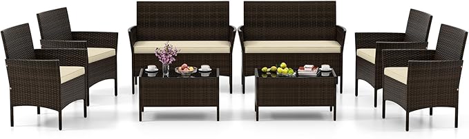 HAPPYGRILL 8 Pieces Outdoor Rattan Conversation Set, Patio Wicker Furniture Set with Loveseat Chairs & Tempered Glass Coffee Table, Outside Sectional Sofa Set for Backyard, Garden & Poolside
