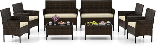 HAPPYGRILL 8 Pieces Outdoor Rattan Conversation Set, Patio Wicker Furniture Set with Loveseat Chairs & Tempered Glass Coffee Table, Outside Sectional Sofa Set for Backyard, Garden & Poolside