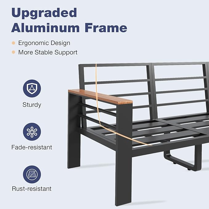 Aoxun Aluminum Patio Furniture Set with Umbrella 5 Seats, Oversized Outdoor Sectional with Washable Thick Cushions, Coffee Table, Patio Conversation Sets for Porch, Balcony, Deck