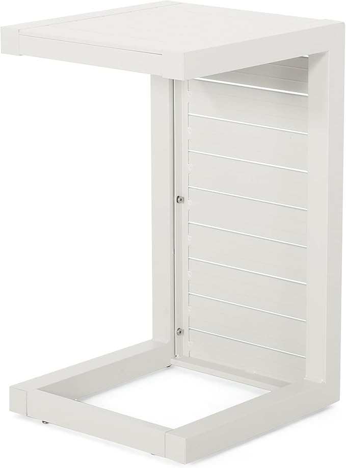 24" H Aluminium Patio Side Table, Small C-Shaped Outdoor Sofa Table,Coffee Table for Patio, Garden,Balcon,White