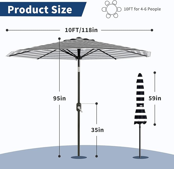 Garvee 10FT Patio Umbrella - Outdoor Table Umbrella with Smooth Crank Lift, Push Button Tilt and 8 Sturdy Ribs - Market Umbrella UV Protection Waterproof for Pool, Deck, Yard, Garden