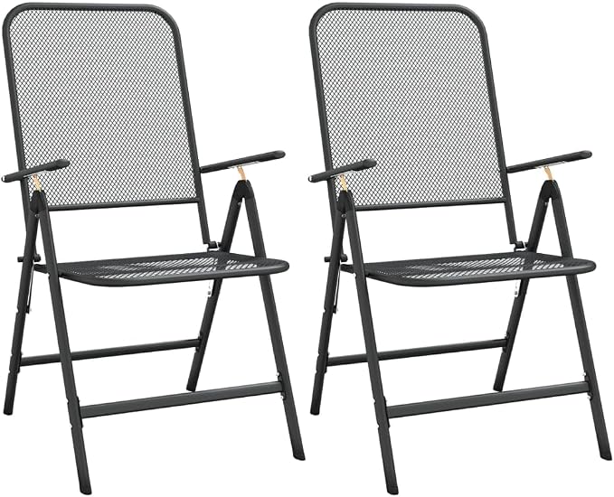 3 Piece Patio Dining Set Expanded Metal Mesh Anthracite Outdoor Folding Chairs with 7 Position Adjustable Backrest E-Coating Weatherproof Table for Garden Balcony Backyard