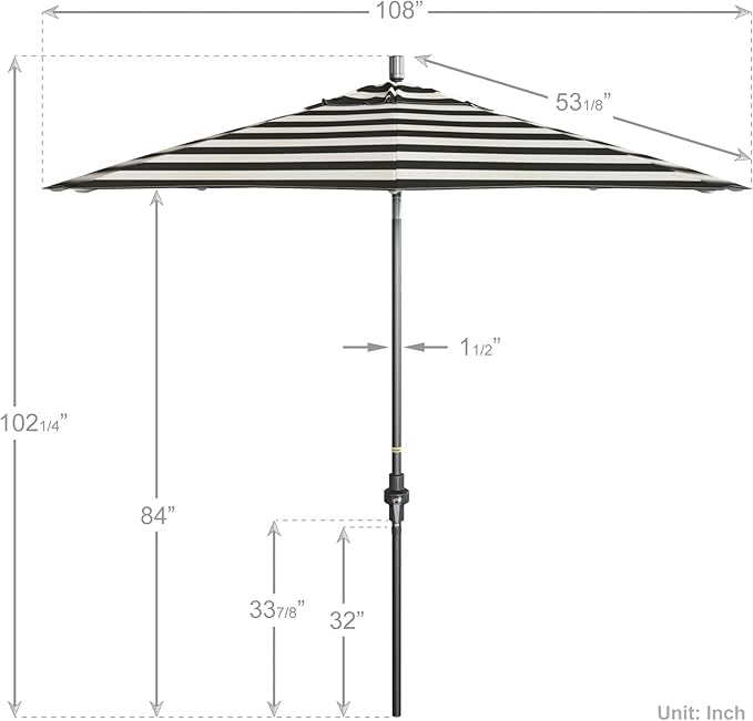 California Umbrella 9' Rd. Crank Lift, Collar Tilt, Aluminum Pole, Fiberglass Rib Patio Umbrella, Hammertone Grey Finish, Sunbrella Cabana Classic