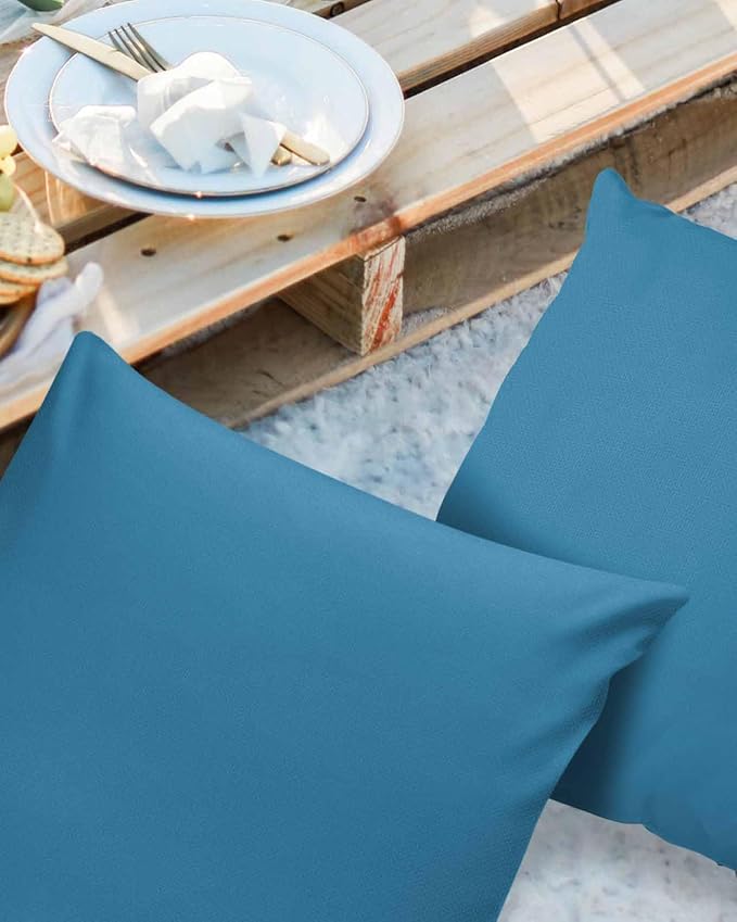 Outdoor Waterproof Throw Pillow Covers 24x24in, Wave Blue Summer Cushions for Garden Patio Furniture Chairs Set of 2, Solid Color Home Decor Couch Sofa Polyester Pillow Cases