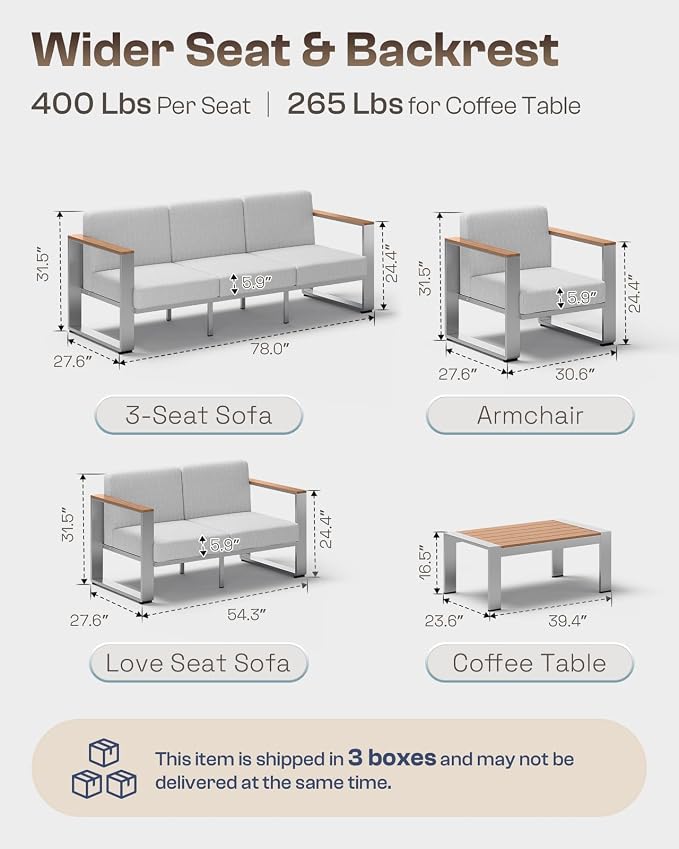Aluminum Patio Furniture Set, 5 Seats Outdoor Patio Conversation Sets with Ergonomic Seat and Wide Washable Thick Cushions, Modern Outdoor Sectional Furniture for Balcony, Porch