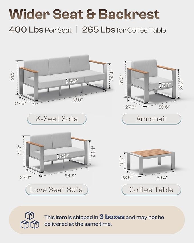 Aluminum Patio Furniture Set, 5 Seats Outdoor Patio Conversation Sets with Ergonomic Seat and Wide Washable Thick Cushions, Modern Outdoor Sectional Furniture for Balcony, Porch
