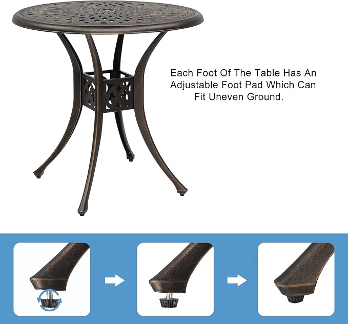 30 inch Round Patio Table, Cast Aluminum Outdoor Table, Outdoor Dining Table with Umbrella Hole, Small Bistro Table for Garden, Yard, Bronze