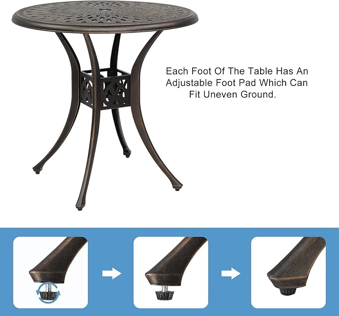 Patio Bistro Dining Table with Umbrella Hole,Cast Aluminum Backyard Bistro Round Table, Outdoor Garden Furniture Table
