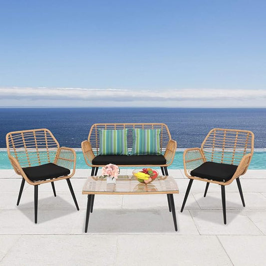 4 Pieces Patio Seating Patio Bistro Sets Outdoor Patio Conversation Furniture Set - Rattan Loveseat, Chairs & Coffee Table - Backyard Seating Outside Wicker Seating,Wicker Patio Conversation Set