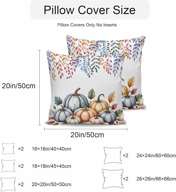 Orange Fall Pumpkins Outdoor Waterproof Pillow Covers, Eucalyptus Leaves Country Farmhouse Decorative Square Throw Pillowcase Sofa Cushion Sham for Patio/Couch/Chair, 24"x24" 2 Pack