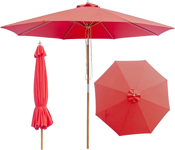 9FT/10FT Bamboo Patio Umbrella, Large Outdoor Umbrella with UPF 50+ Sun Protection, Rope Pulley Lift & Push-Button Tilt, 8-Rib Ventilated Canopy for Garden, Deck, Backyard & Outdoor Dining