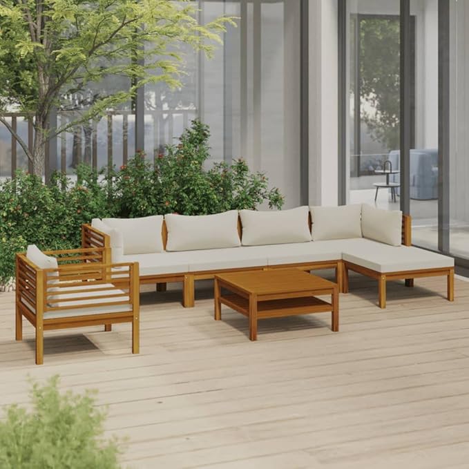 Patio Lounge Set with Cream Cushion,Patio Furniture Sets,Patio Conversation Sets,Outdoor Furniture Sets,for Garden,Backyard,Outdoor,7 Piece Solid Acacia Wood