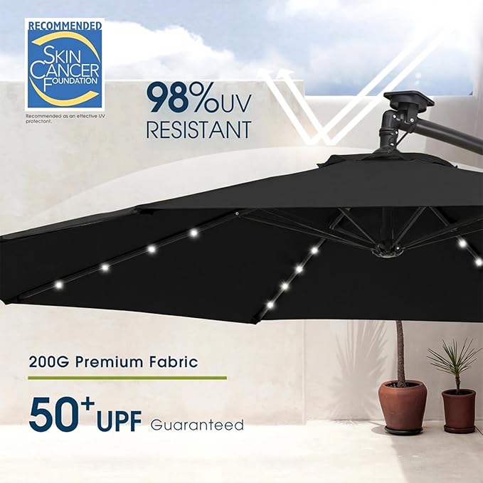wikiwiki 10ft Solar LED Offset Patio Umbrella, Outdoor Cantilever Patio Umbrellas with Solor Lights for Backyard, Poolside and Garden, Easy Tilt Adjustment, 32 LED Lights & Polyester Shade, Black