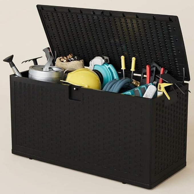 80 Gallon Brown Resin Deck Box, Waterproof Lockable Outdoor Storage Box, Multifunctional Patio Storage Container for Furniture Cushions, Garden Tools, Pool Accessories & Package Delivery