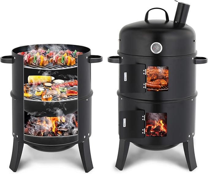 VINGLI Upgraded 18 Inch Vertical Charcoal Smoker, Multi-Layer Round Grill with Thermometer & Chimney, Heavy Duty Outdoor BBQ Smoker for Patio Parties, Backyard Cooking