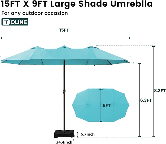 15FT Large Patio Umbrellas with Base Included, Outdoor Double-Sided Rectangle Big Market Umbrella with Stand, Outside Umbrellas for Poolside Lawn Backyard,Light Blue
