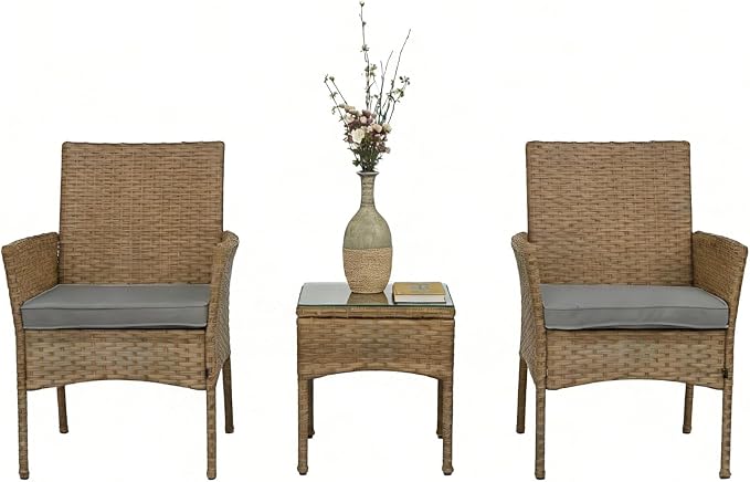 UNITED FLAMES 3-Piece Outdoor Wicker Bistro Set, PE Rattan Patio Chairs & Side Table with Cushions, Weather Resistant Conversation Set for Balcony, Porch, Garden (Grey)
