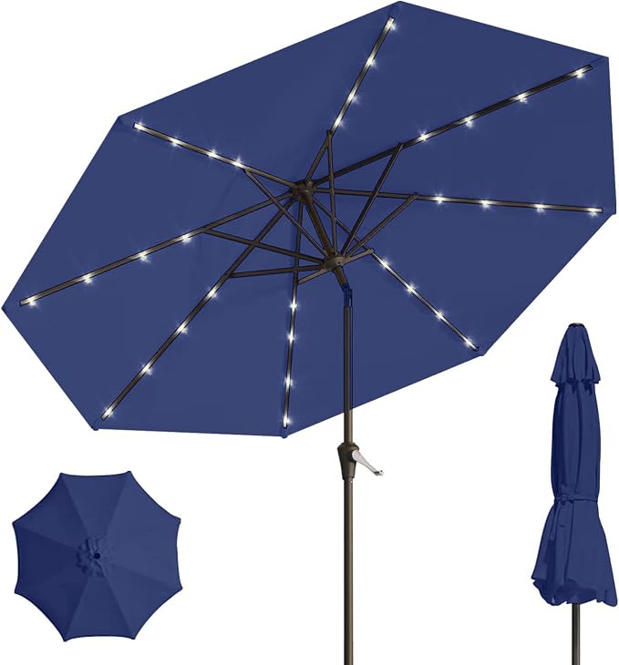 9' Solar LED Patio Umbrella with Tilt & Crank|8 Sturdy Ribs,UV Protection,Outdoor Market Table Umbrella for Deck,Lawn,Pool,Backyard(Navy)