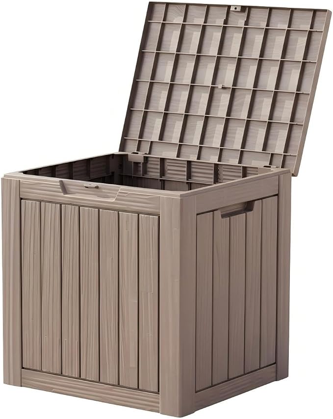 30 Gallon Resin Deck Box with Lockable Lid - Outdoor Waterproof Storage for Patio Furniture, Garden Tools, Cushions & Pool Accessories, Wood Grain Design, All-Weather Durable (Grey-brown, 1 Pack)