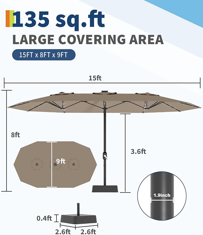 GarveeLife 15 ft Large Patio Umbrella with Lights, 36 LED Lights Double-sided Patio Umbrella with Weighted Base for Poolside Garden Backyard