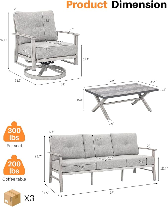 Outdoor Patio Furniture Set, 4 Pieces Aluminum Swivel Chairs Patio Conversation Set with Cushions, All Weather Outdoor Sectional Couch Sofa Set for Deck, Lawn, Poolside, Backyard, White Oak