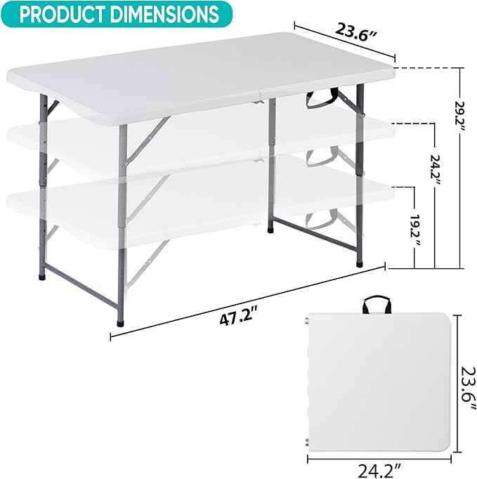 4 FT Folding Table, Fold in Half, Height Adjustable Heavy Duty Portable Plastic Table w/Handle for Picnic Party Camping Dining Indoor Outdoor, Lightweight White