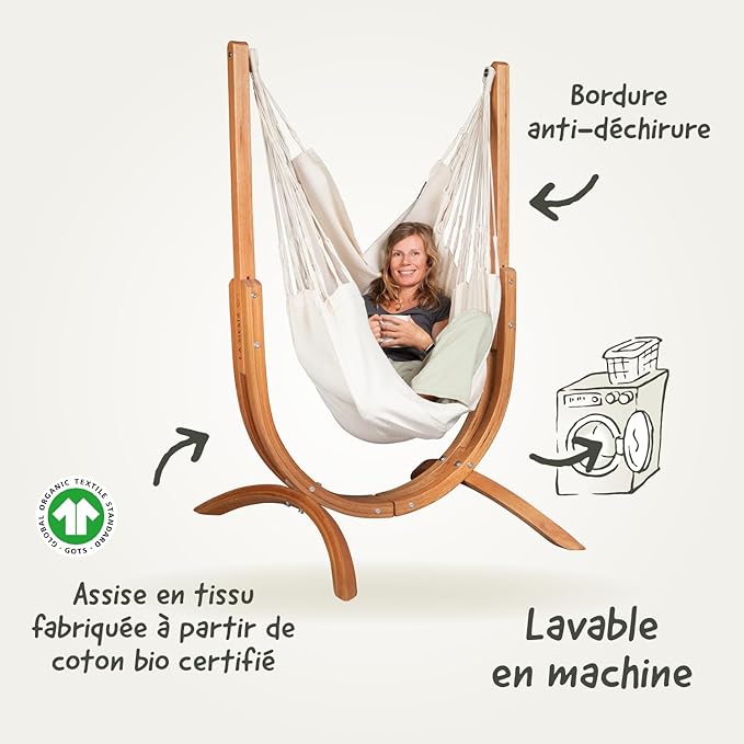 LA SIESTA - Udine Soft Organic Cotton Hammock Chair with Wooden Stand - Handmade, Tear-Resistant - FSC Certified Eucalyptus Stand - Latte