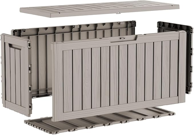 85 Gallon Outdoor Deck Box, Resin Waterproof Storage Box With Lockable Lid, UV-Resistant Multi-Purpose Outdoor Storage Bench for Patio Cushions, Garden Tools, Pool Accessories (Grey)