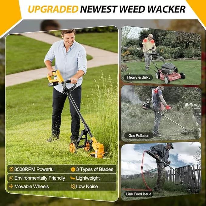 Electric Weed Wacker Cordless, Electric String Trimmer with 3 Types Blades & Removable Auxiliary Wheels, Brush Cutter & Grass Trimmer & Lawn Edger with for Garden Yard