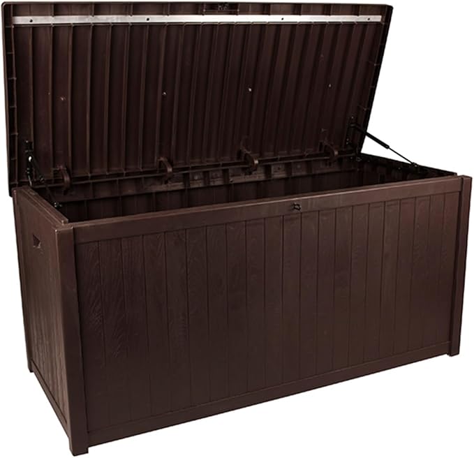 Outdoor Storage Deck Box, 100 Gallon Resin Patio Bin & Bench, Waterproof and Sunproof Patio Storage Box, Wood Grain, Brown