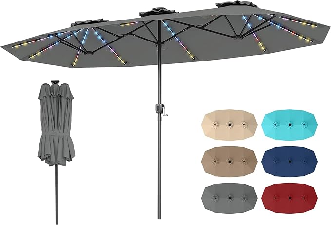 Tangkula 13 Ft Solar Patio Umbrella, Double-Sided Extra Large Outdoor Market Table Umbrella with Multi-Colored Flowing LED Lights, Crank Handle, 12 Sturdy Ribs for Poolside, Garden & Backyard (Gray)